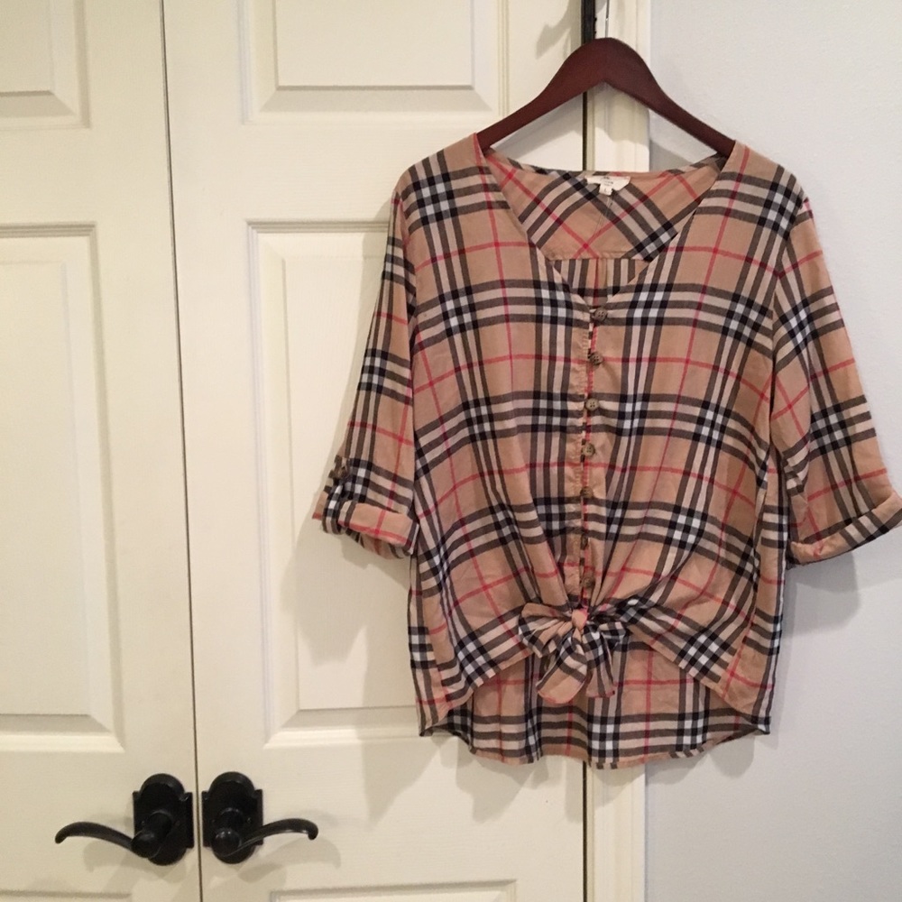 ENTRO Plaid Tie Front Button Down Cotton Top L